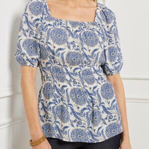 NWT Talbots Chrysanthemum Trellis Smocked Top Size XL Blue and White